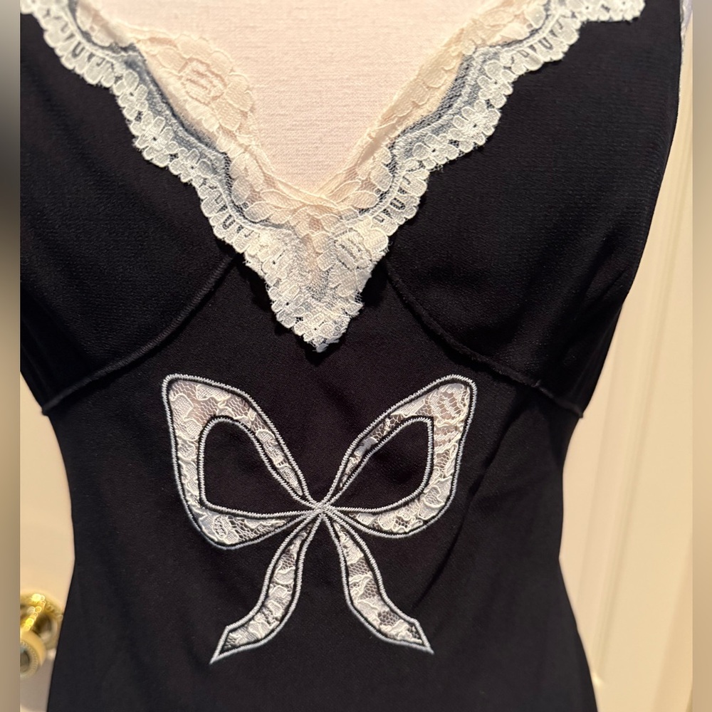 LoveShackFancy Black Midi Slip Dress with White Lace Bow and Trim - Picture 6 of 7